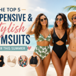 Four women wearing affordable and stylish swimsuits on a sunny beach showcasing the top swimsuit trends for summer 2026.