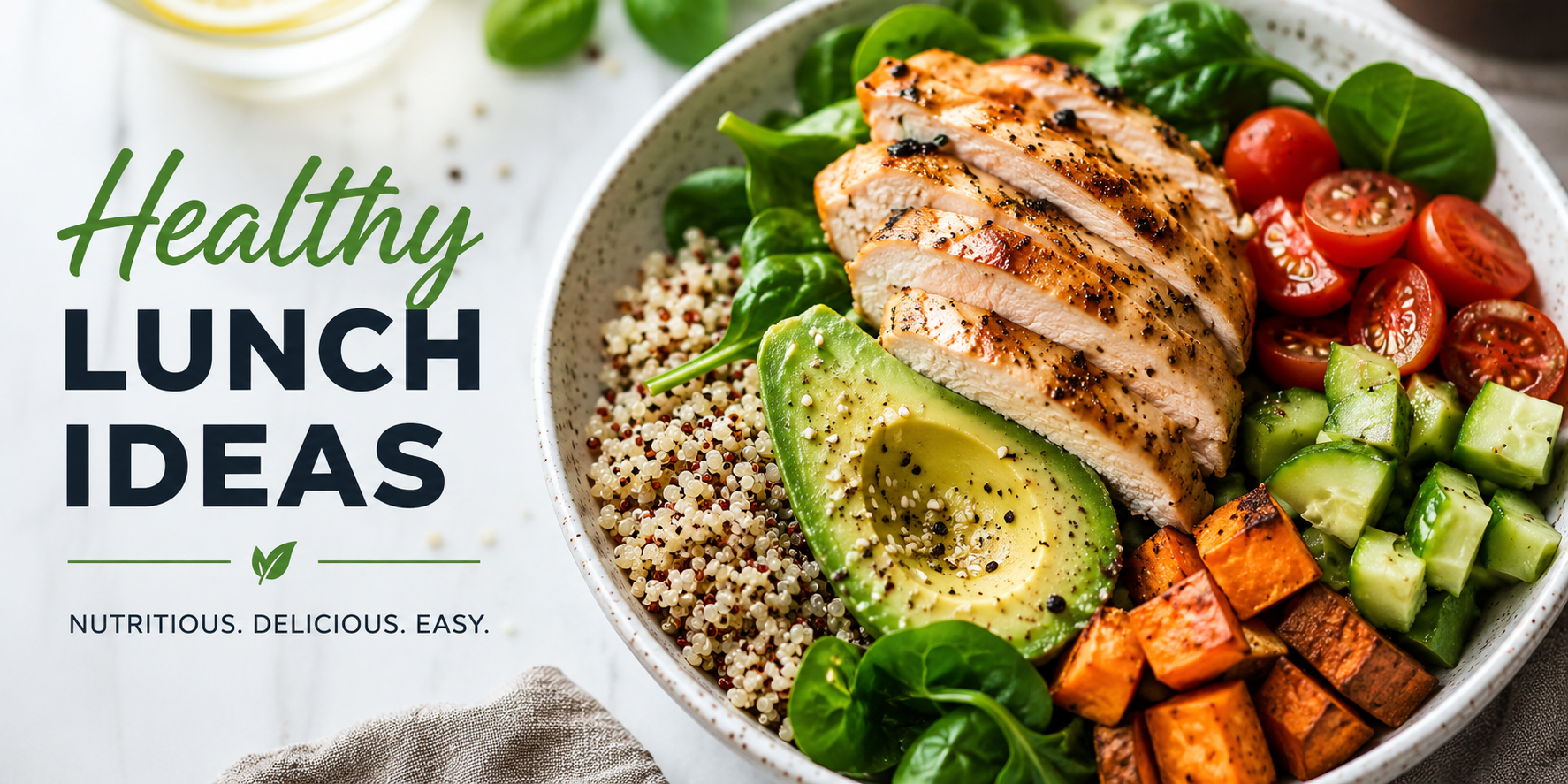 Healthy lunch bowl with grilled chicken, avocado, quinoa, and fresh vegetables